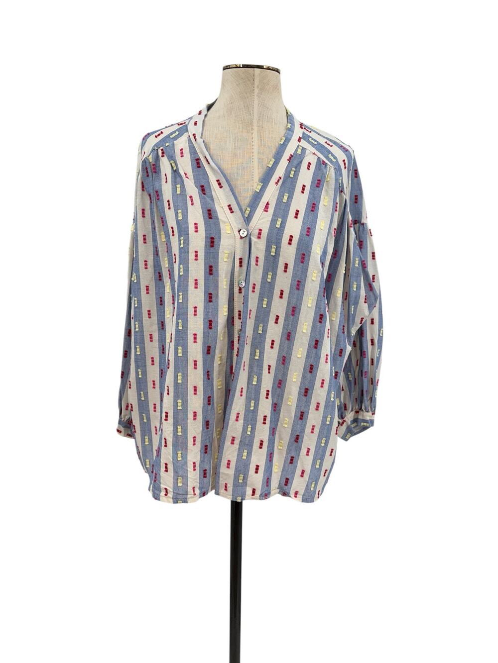 Anna Kay Italy Striped Textured Button Front Oversized Blouse Blue One Size